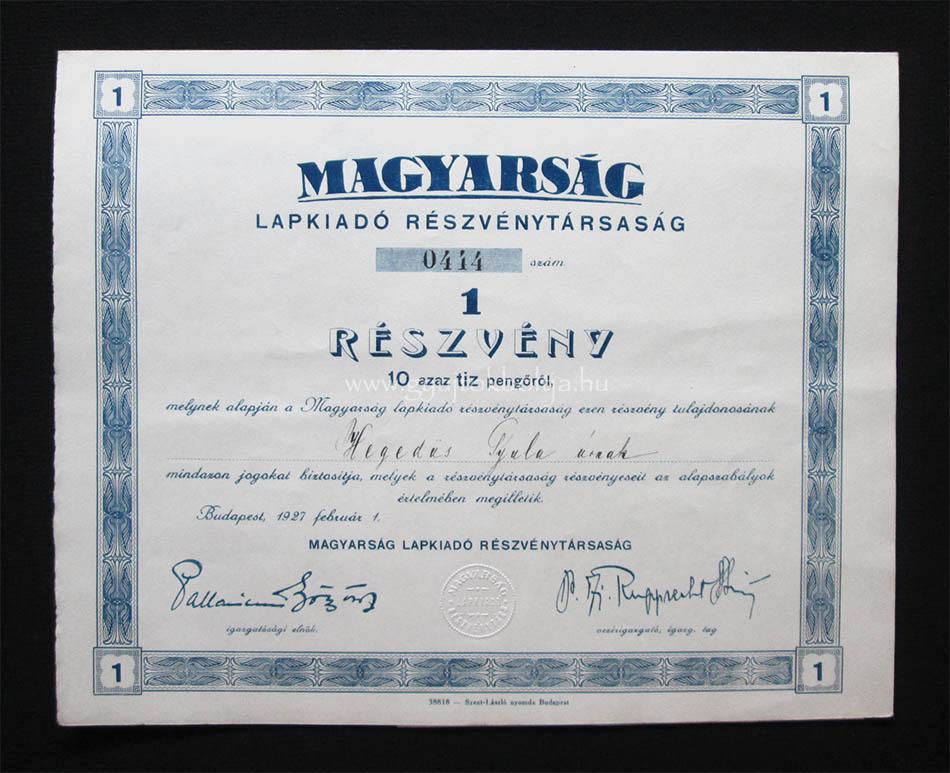 Magyarság Lapkiadó részvény 10 pengõ 1927
